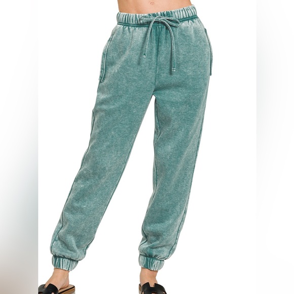 Zenana Outfitters Pants - Acid Wash Fleece Jogger Sweatpants w/ Pockets in Teal
